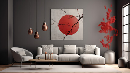 Minimalist and Elegant Living Room with Gray Color Scheme and Red Accent Large Square Painting AI Generated