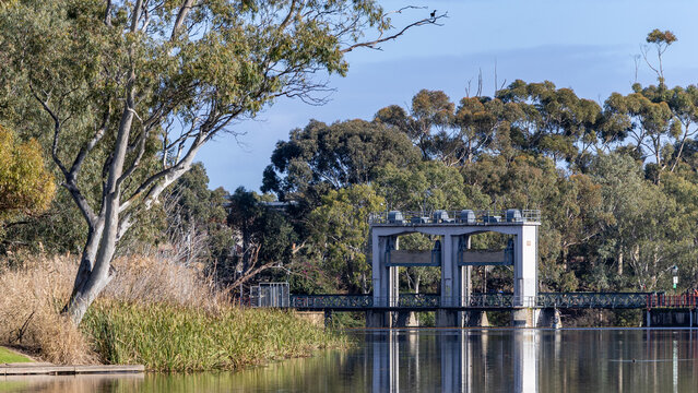 The Sluice gates Torrens Weir across the River Torrens in Adelaide South Australia on July 23rd 2023