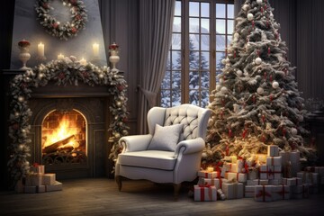 Stunningly adorned room for the holidays featuring a Christmas tree, fireplace, and a comfortable armchair adorned with a cozy blanket. A pleasing winter scene with a white interior illuminated by
