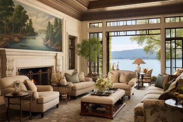 Spectacular lake scenery enhances the opulence of the sitting room's interior design.