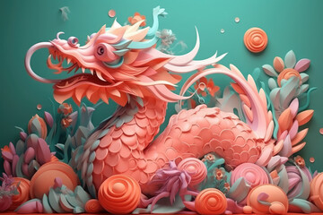 Fototapeta na wymiar Generative AI abstract design chinese new year cute dragon with spring colors, surreal fantasy, peach flower., generative AI 