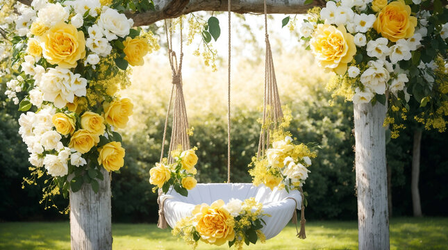 Swing digital backdrop baby bed with yellow rose flowers, newborn photography