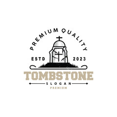 Obraz premium Tombstone Logo, Tomb Cemetery Cross, Vector Vintage Label, Retro Badge, Inspirational Design
