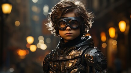 Digital art portrait of little boy in motobiker black suit and mask AI