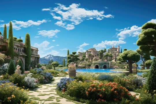 Newly constructed houses and gardens beautifully showcased under a pristine summer sky, captured in a finely stitched panoramic image that reveals intricate details when observed in a larger format.