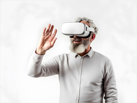 old man using virtual reality headset and happy, generative AI