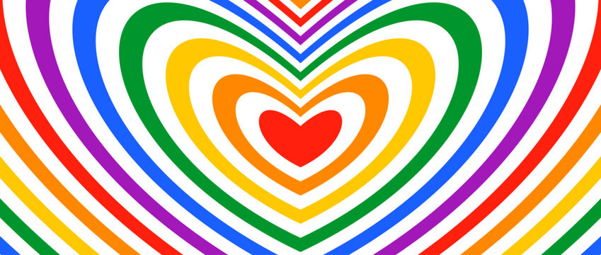 Groovy hypnotic hearts background. Rainbow colors repeating heart design on white background. Abstract horizontal lgbt pride wallpaper. Vector illustration concept in retro style