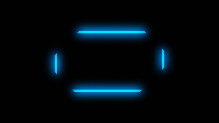 Neon light frame. Futuristic background. Blur electric borders. Defocused blue color glowing LED lines on dark black abstract geometric empty space.