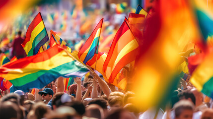 Month of pride and inclusivity, support for LGBT people. A rainbow LGBT flag is flying in the air at a pride event. Equality parade. Generative.