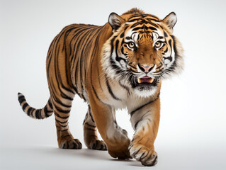 Tiger walking toward camera on a white background