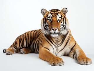 Tiger lay on a white studio background
