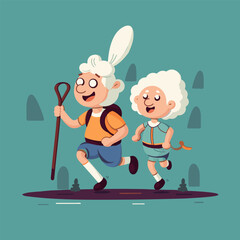 Two positive smiling old white women hiking, running in the nature. 2 funny cartoon characters of happy grandmas with a backpack on an outdoor adventure