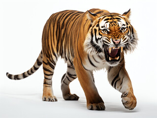 Fototapeta na wymiar Tiger roaring on a white studio background