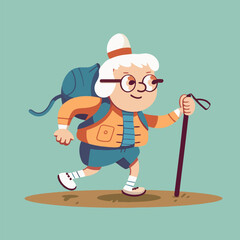 Positive, smiling old white woman hiking, walking in the nature. Funny cartoon character of a happy grandma with a backpack on an outdoor adventure