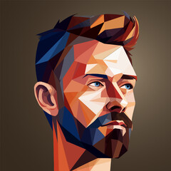 Bearded stylish middle aged man illustration in cubism art style. Headshot of a handsome, serous, confident guy