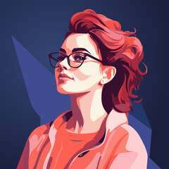 Redhaired positive young woman in glasses and casual clothes daydreaming. Headshot illustration of a pretty, confident lady