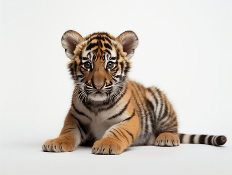 Tiger cub lay on a white studio background