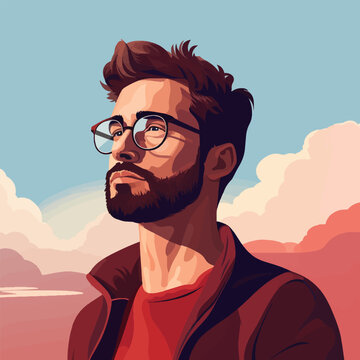 Bearded serious young man in glasses and casual clothes daydreaming. Headshot of a handsome, serous, confident guy against the sky
