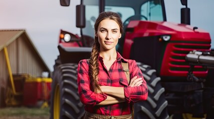 Proud attractive female farmer standing in front of agricultural machinery