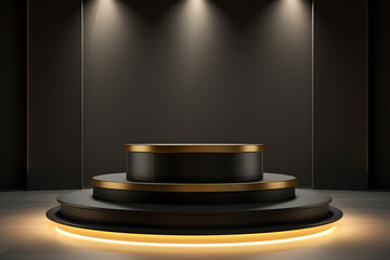 Photo luxury gold podium presentation on 3d product display background with abstract brown cloth elegant pedestal showcase or empty golden fashion fabric stand and premium stage studio - Generative AI