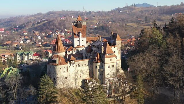 Aerial video of Bran castle, located in Brasov, Romania