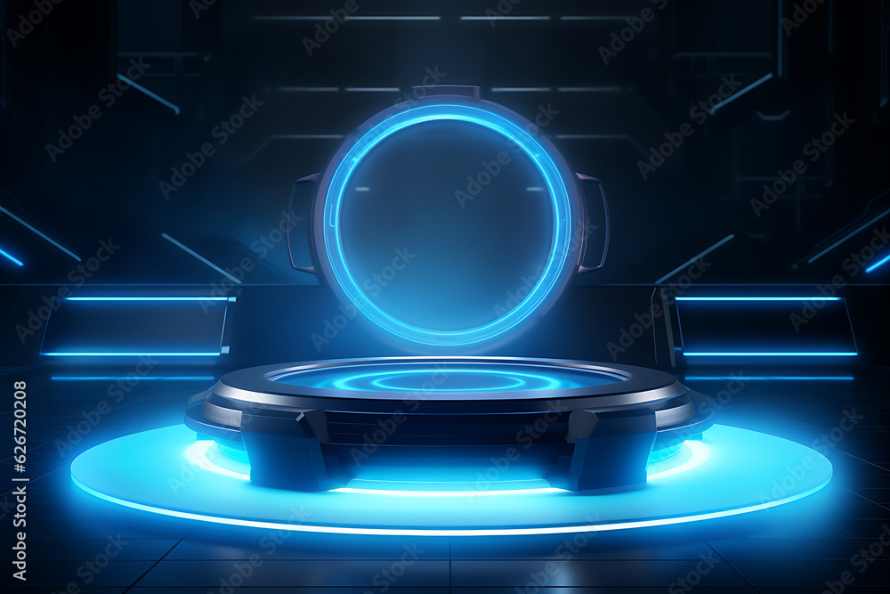 Poster futuristic stand or podium background. sci-fi display scene, space from the windows of a spaceship a