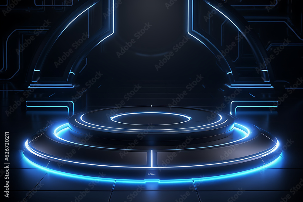 Poster futuristic stand or podium background. sci-fi display scene, space from the windows of a spaceship a