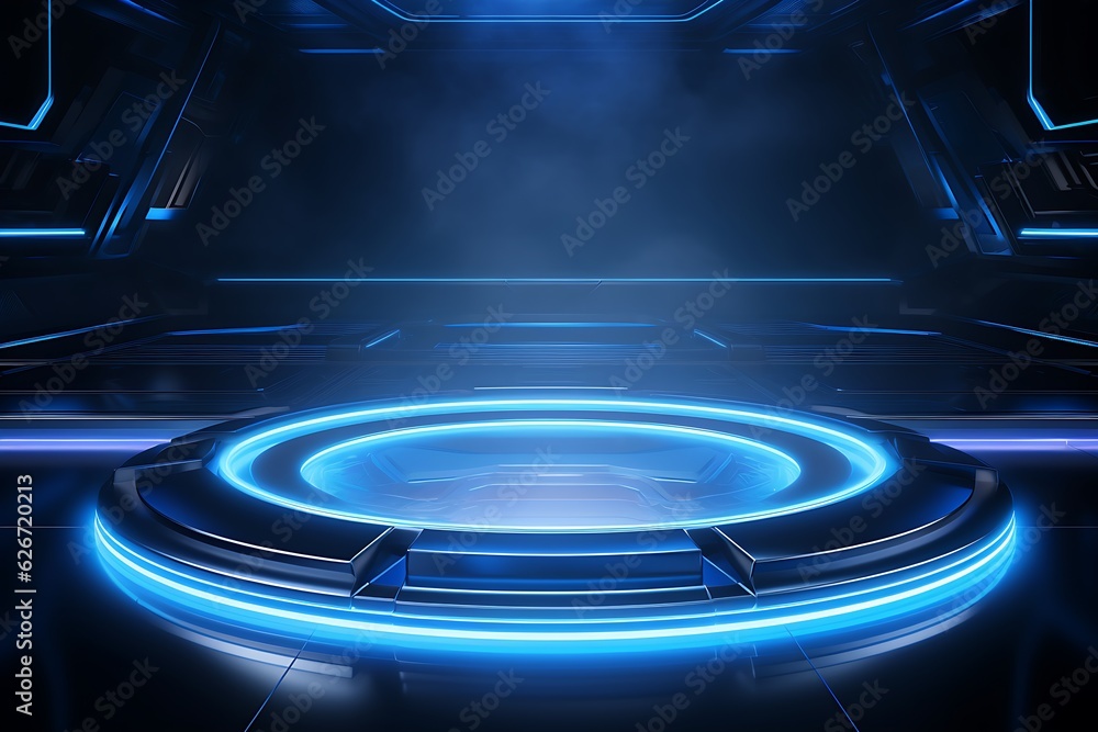 Poster futuristic stand or podium background. sci-fi display scene, space from the windows of a spaceship a