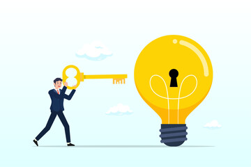 Smart businessman holding golden key about to insert into key hold on light bulb idea lamp, unlock new business idea, invent new product or creativity concept (Vector)