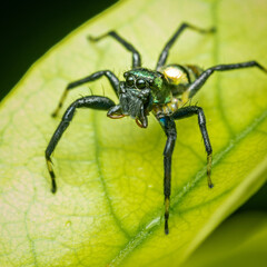 Close up a little Jumping Spider on green leaf, Colorful jumping spider.