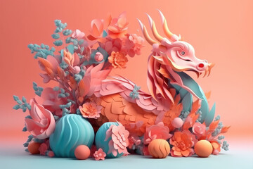 Obraz na płótnie Canvas Generative AI abstract design chinese new year cute dragon with spring colors, surreal fantasy, peach flower., generative AI 