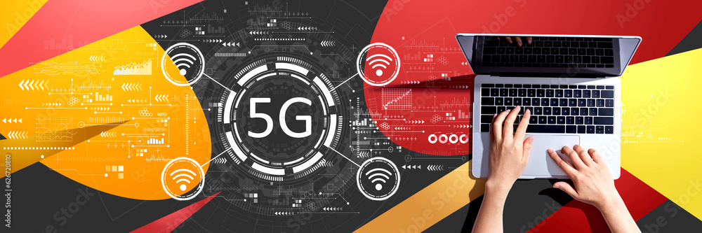 Poster 5g network with person using a laptop computer