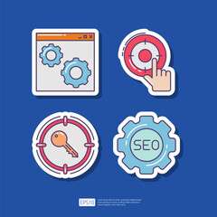 Webpage browser setting, SEO setting with gear wheel, target key keyword, internet marketing advertising target. SEO Search Engine Optimization and internet advertising sticker icon set