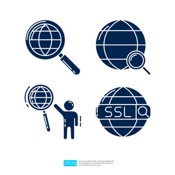 search in world wide web internet, target audience, SSL secure https certificate connection. SEO Search Engine Optimization and internet marketing advertising glyph icon set