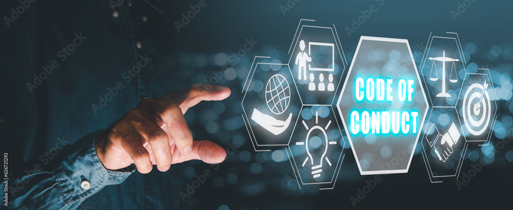 Poster code of conduct concept, person hand touching code of conduct icon on virtual screen with blue bokeh