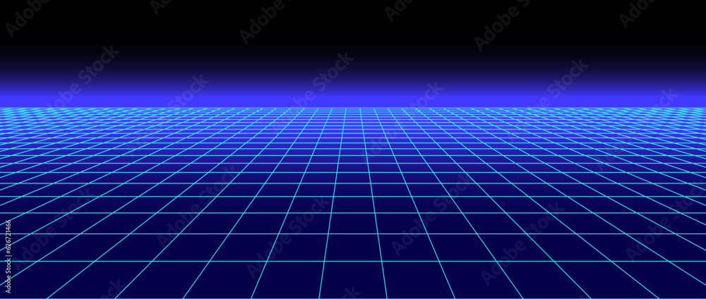 Poster retro futuristic grid background. bright neon blue glowing tile floor in perspective. lattice plane 