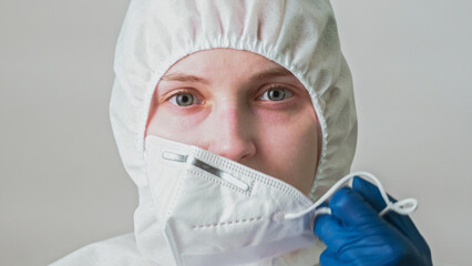 Infectious disease. Biohazard water. Contamination risk. Female lab specialist woman in gloves...