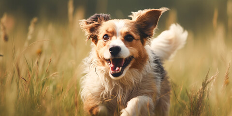 Happy dog running through field of golden grass. Created with Generative AI technology