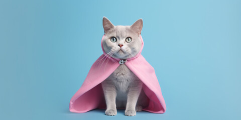 Adorable cat wearing a pink cape on blue background. Created with Generative AI technology