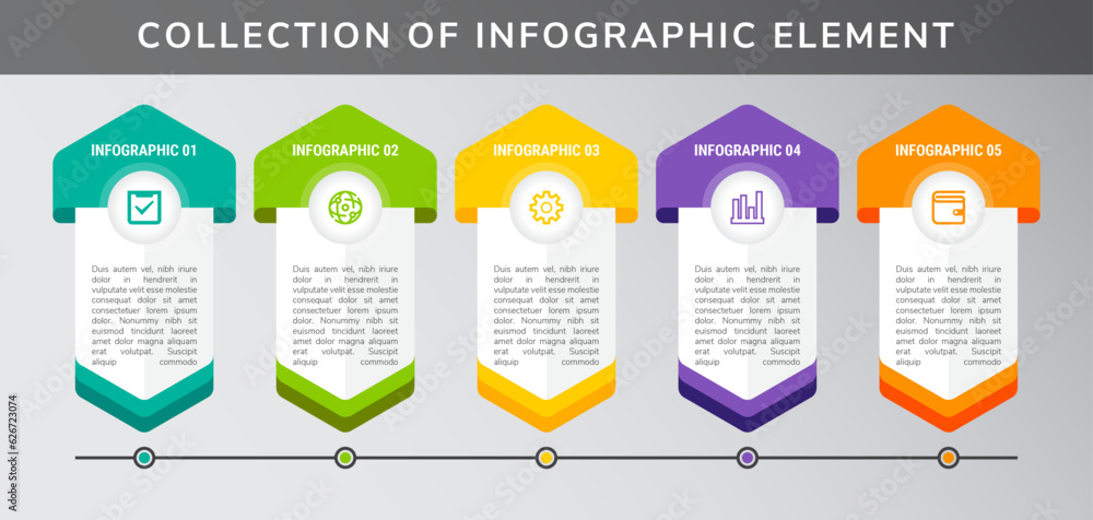 Poster vector illustration of half hexagon block infographic element. the design template five process or s
