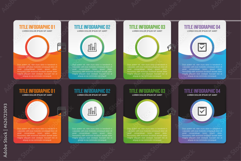 Poster collection of four colorful rectangular element organized in vertical layout. modern infographic des