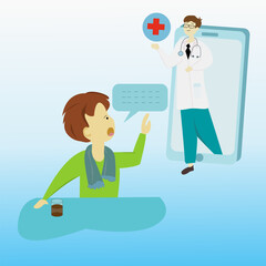 A man is sick and calls to discuss his illness with a doctor. The concept of treating diseases and consulting doctors online