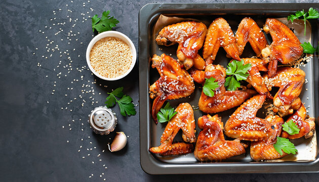 Roasted chicken wings in barbecue sauce with sesame seeds and parsley in a baking tray on a dark table. Top view with copy space. Tasty snack for beer on a dark background. Flat lay.