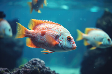 Naklejka premium Colorful tropical fish swimming in ocean, generative AI 