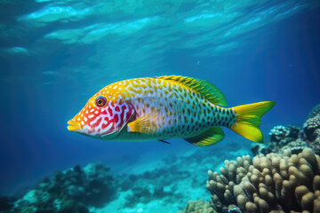 Naklejka premium Colorful tropical fish swimming in ocean, generative AI 