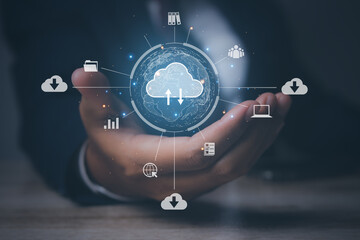 Businessman hand holding access cloud computing technology. Data storage security online in Networking and internet service. Connect devices to cloud. Cloud computing concept.