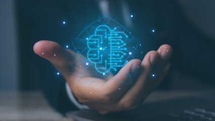 Hand holding brain of AI, Digital technology creative mind idea thinking and brainstorm. AI network of brain on business analysis, innovative and business growth development.