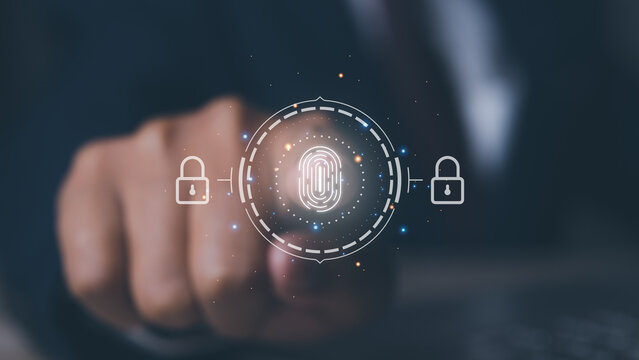 Businessman access scan fingerprint personal identity and authorization. Secure access granted by valid fingerprint scan, cyber security on internet. cybernetic business concept.