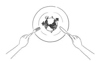 お皿の上の地球とフォークとナイフを持つ手の手描き線画イラスト