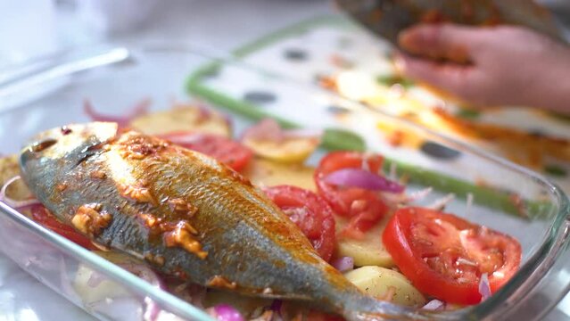 put the sea bream on the dish and add the herbs de provence